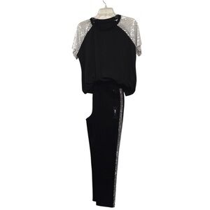 Black Top with Sequin Sleeves + Black Leggings with Rhinestone Sides